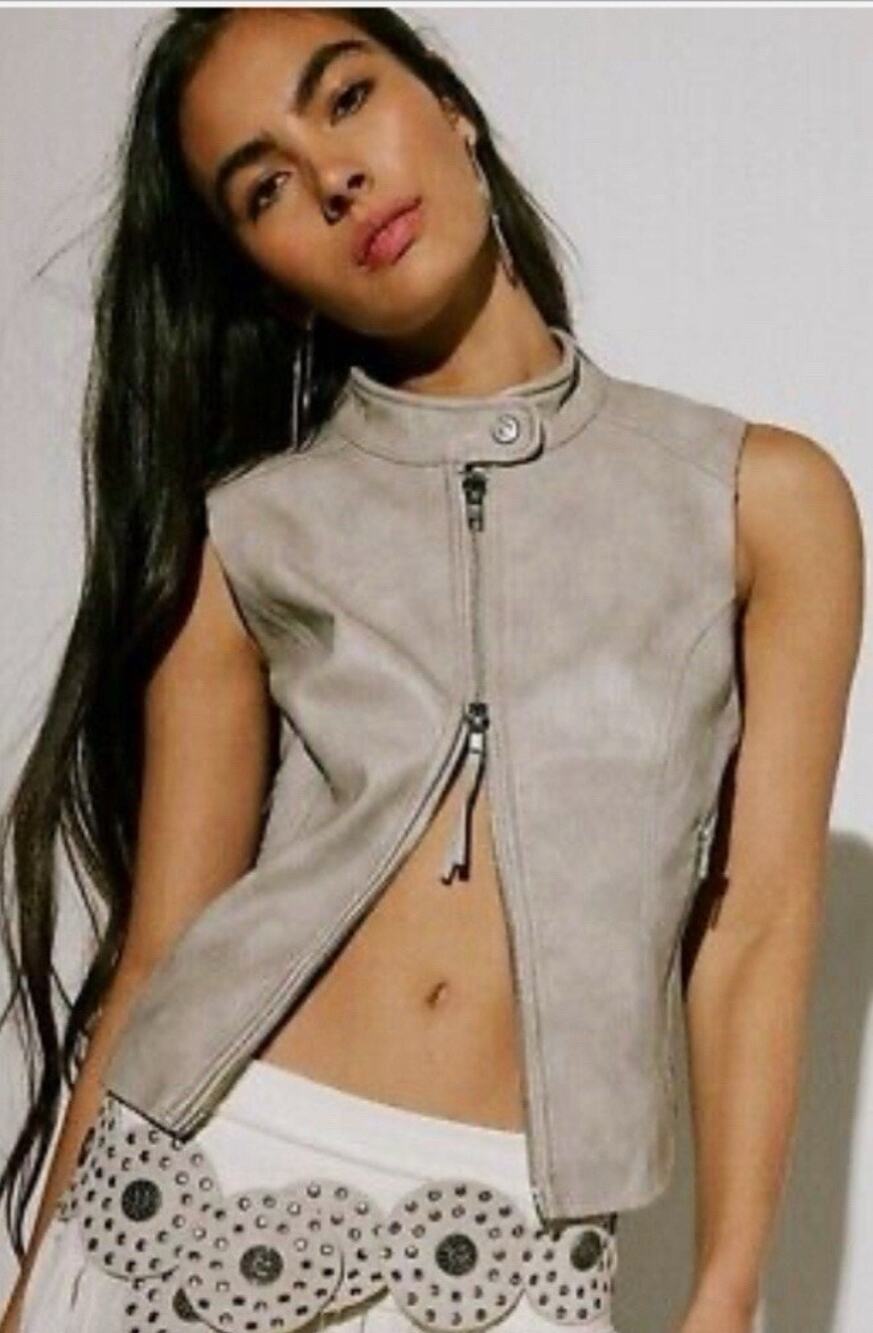 We The Free Womens Sweeney Stone Vegan Leather Vest S Moto Western Glam EUC